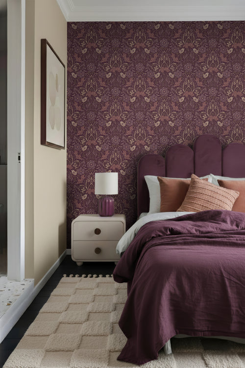 ESTAhome behang bloemen en vogels in art nouveau stijl aubergine paars - 50 x 900 cm - 131635