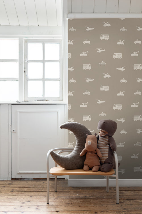 ESTAhome behang auto's, brandweerauto's, helikopters en kranen taupe - 53 cm x 10.05 m - 131399 - vtwonen shop