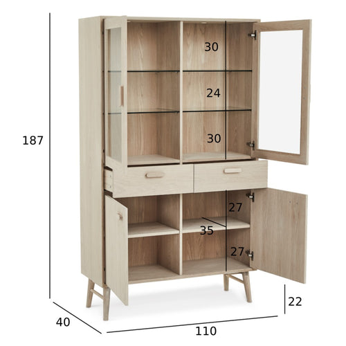 Furnhouse vitrinekast Porto - Witte olie - MDF, Eikenfineer, Glas - 40x110x187