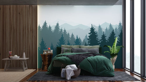 Sanders & Sanders fotobehang berglandschap met bomen vergrijsd blauw - 375 x 270 cm - 600992 - vtwonen shop