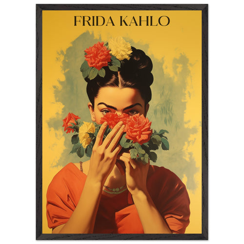 Artfulprints Poster met Lijst Frida Kahlo - Behind the bloom   - 50x70 cm - Geel
