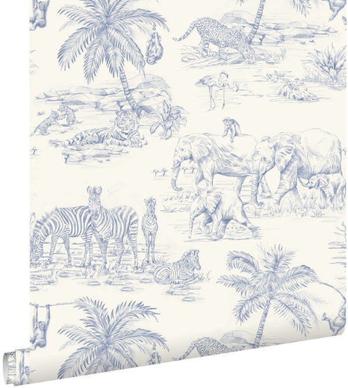 ESTAhome behang jungle dieren blauw en wit - 50 x 900 cm - 132121