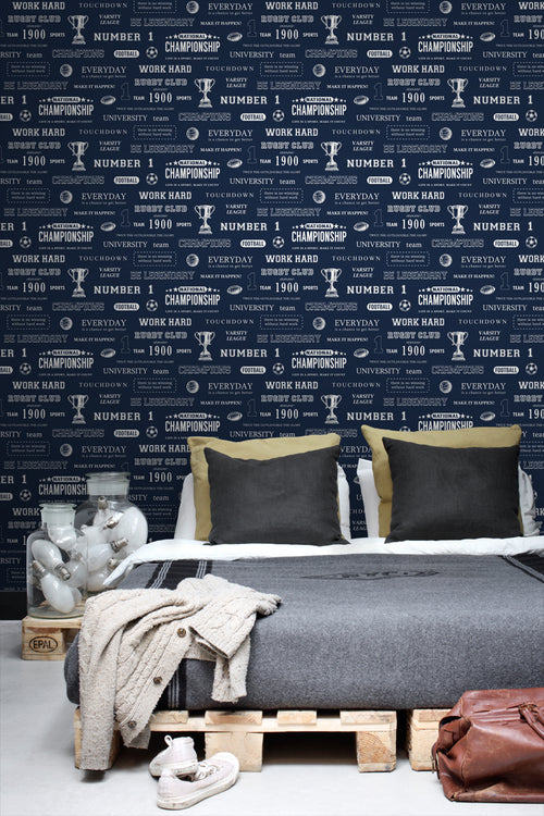 ESTAhome behang sportquotes donkerblauw - 53 cm x 10.05 m - 128816