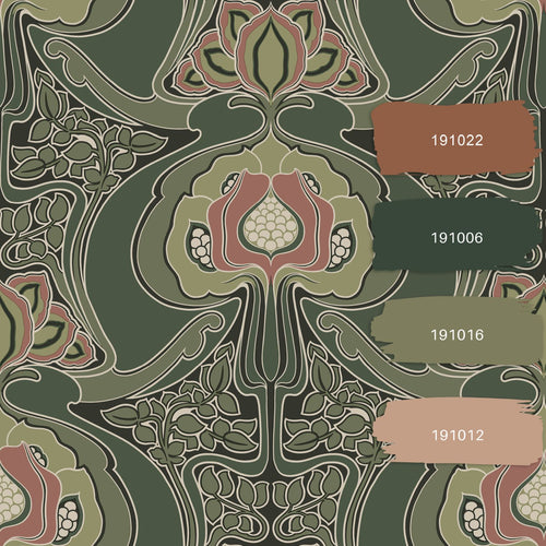 ESTAhome behang vintage bloemen in art nouveau stijl donkergroen - 53 cm x 10.05 m - 139571