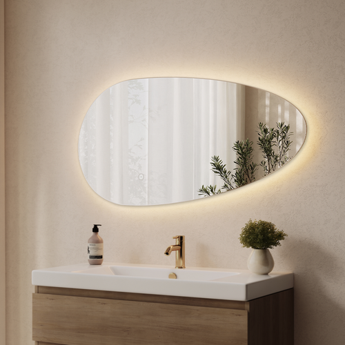 LOMAZOO badkamerspiegel Adana - organisch - met LED verlichting & spiegelverwarming - asymmetrisch - 100 x 50.8 cm