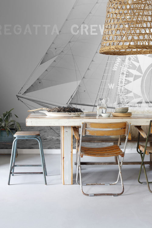 ESTAhome fotobehang zeilboot zwart en wit - 372 x 270 cm - 156430 - vtwonen shop