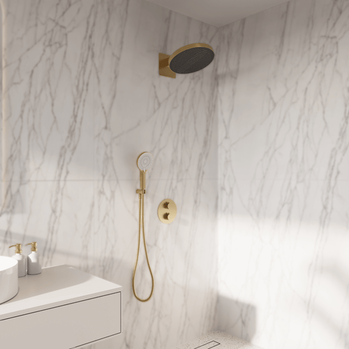 LOMAZOO inbouwdoucheset Aurora - met thermostaatkraan & ronde handdouche - goud - 30 cm