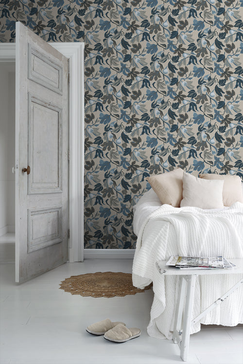 Borastapeter behang bladeren vergrijsd blauw - 49 cm x 10.05 m - 660801 - vtwonen shop
