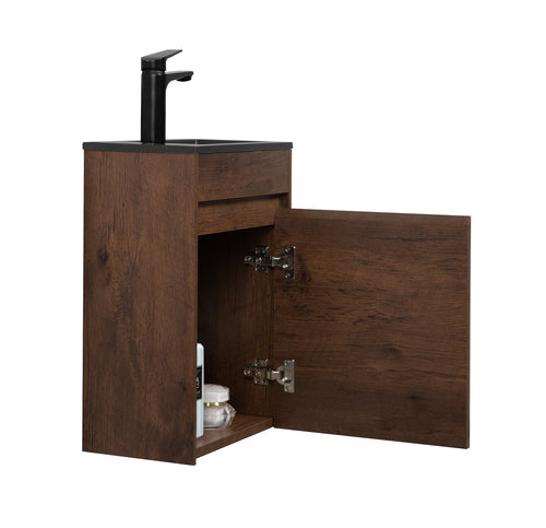 Badplaats Toiletmeubel Sinta 40 x 22 cm – Walnoot Bruin – Fonteinmeubel met Zwarte Wastafel