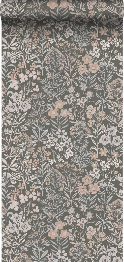 Borastapeter behang veldbloemen roze, vergrijsd groen en bruin - 53 cm x 10.05 m - 660349 - vtwonen shop