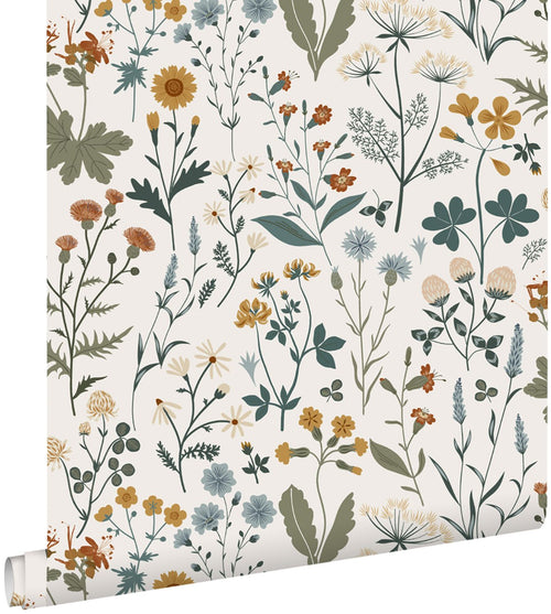 ESTAhome behang veldbloemen okergeel, vergrijsd groen en vintage blauw - 53 cm x 10.05 m - 139391