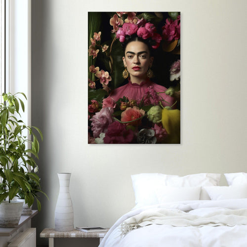 Artfulprints Canvas Frida Kahlo – Floral portrait canvas - 50x70 cm - Roze