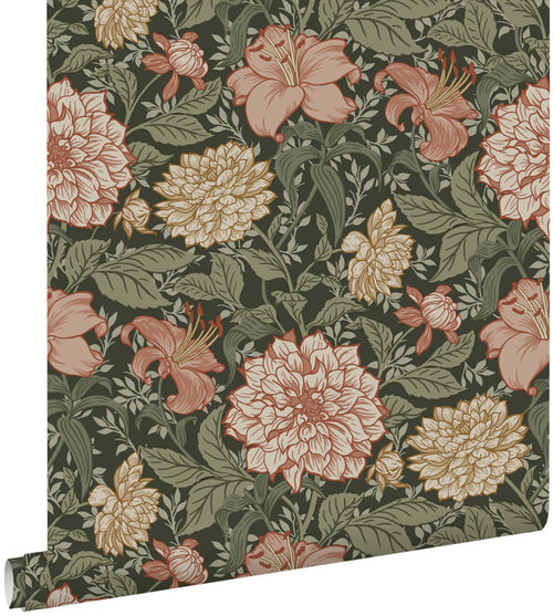 ESTAhome behang vintage bloemen vergrijsd groen en terracotta roze - 53 cm x 10.05 m - 139381