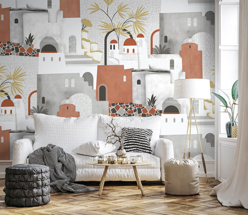 Sanders & Sanders fotobehang mediterrane huisjes grijs en terracotta - 318 x 280 cm - 640830