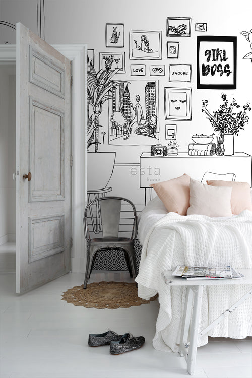 ESTAhome fotobehang tekening woonkamer zwart wit - 511.5 x 279 cm - 159098 - vtwonen shop