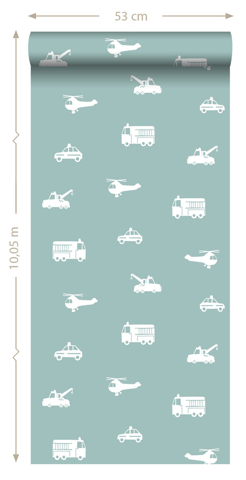 ESTAhome behang auto's, brandweerauto's, helikopters en kranen blauw 53 cm x 10.05 m 128864