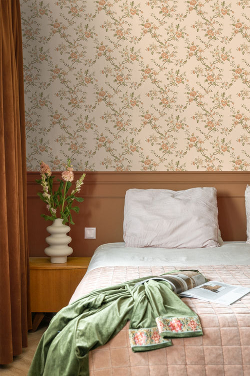 ESTAhome behang vintage bloemen beige, roze en groen - 50 x 900 cm - 132210