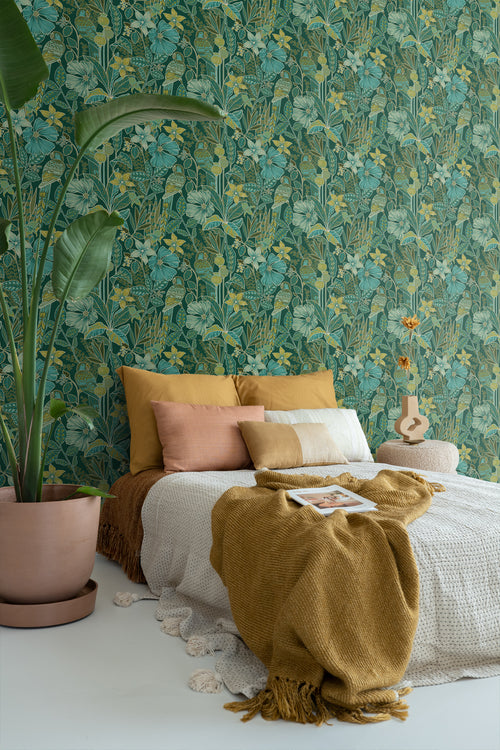 ESTAhome behang tropische bloemen en paradijsvogels donkergroen - 50 x 900 cm - 131158 - vtwonen shop