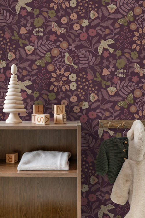 ESTAhome behang bloemen en vogels aubergine paars - 0.53 x 10.05 m - 131639