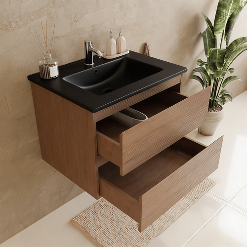 LOMAZOO badmeubelset Verona - met kolomkast & zwarte wastafel - warm eiken - 60 cm
