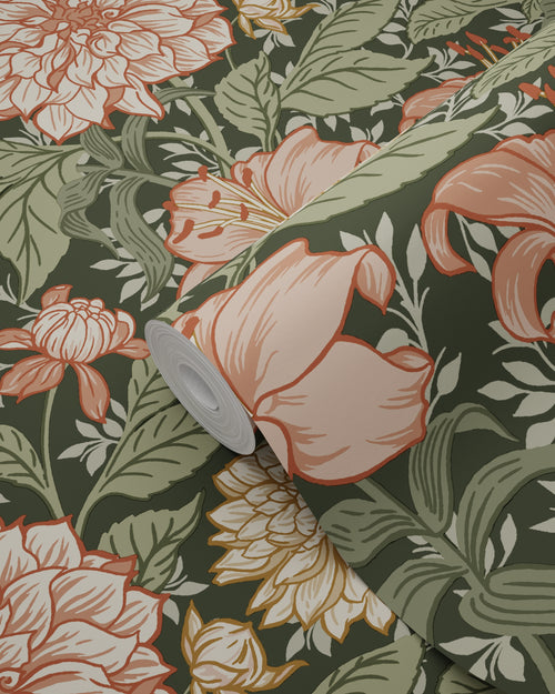 ESTAhome behang vintage bloemen vergrijsd groen en terracotta roze - 53 cm x 10.05 m - 139381
