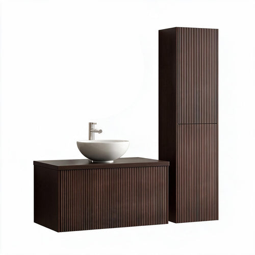 LOMAZOO badmeubelset Tropani - geribbeld - opbouw - met hoge kast & witte waskom - walnoot - 80 cm