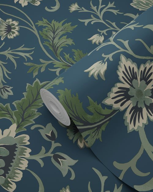 ESTAhome behang vintage bloemen donkerblauw en groen - 53 cm x 10.05 m - 139416