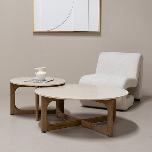 Giga Meubel Salontafel Lino Rond - Marmer/Hout - Naturel - Set van 2 - vtwonen shop