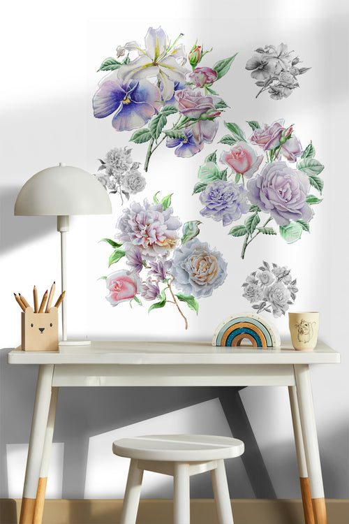 Sanders & Sanders muursticker bloemen lila paars, roze, zacht roze en groen - 85 x 65 cm - 600280