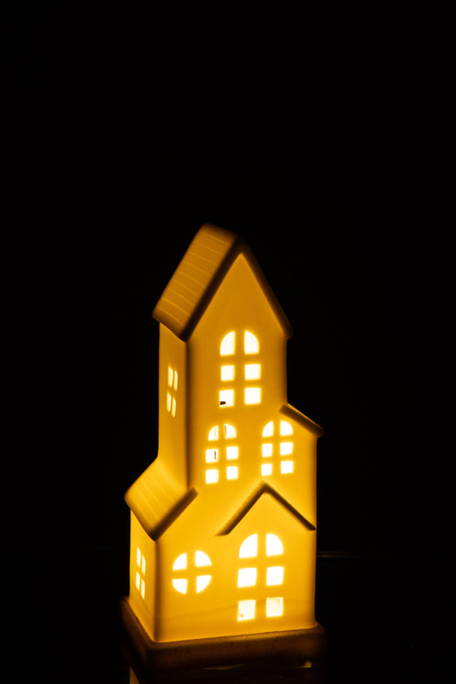 J-Line decoratie Huis 4 Ramen - keramiek - wit - LED