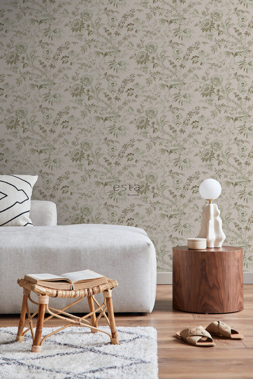 ESTAhome behang vintage bloemen oudroze en olijfgroen - 53 cm x 10.05 m - 139401