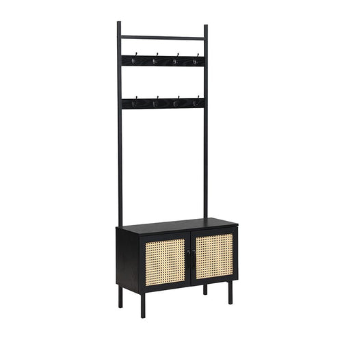 Furnilux Kapstok Ambon – Met Opbergkast & Haken – Zwart met Rattan – 70x32x175 cm – Industriële Halmeubel