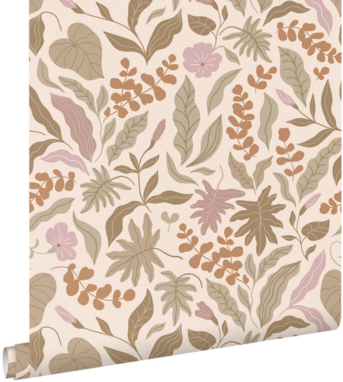 ESTAhome behang bladeren en bloemen warm beige, terracotta en paars - 50 x 900 cm - 131051 - vtwonen shop