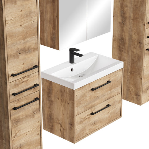 Badplaats Badkamermeubel Set Florence 60 cm XL – Kastanje Eiken – Hangend Badmeubel met Wastafel, Spiegelkast en Zijkasten