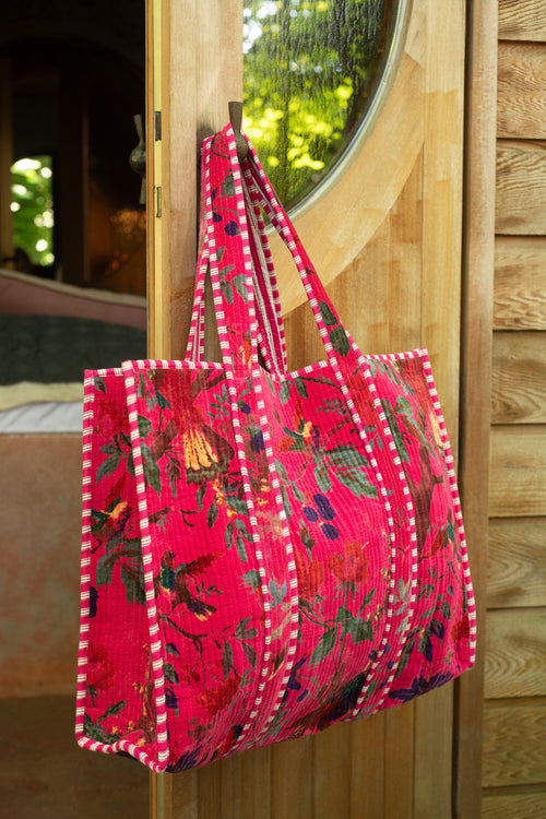 J-Line tas Vogels/Bloemen - katoen/fluweel - roze