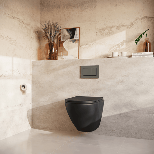 LOMAZOO hangtoiletset Linea - met inbouwreservoir & vierkante drukplaat - rond - gun metal / zwart
