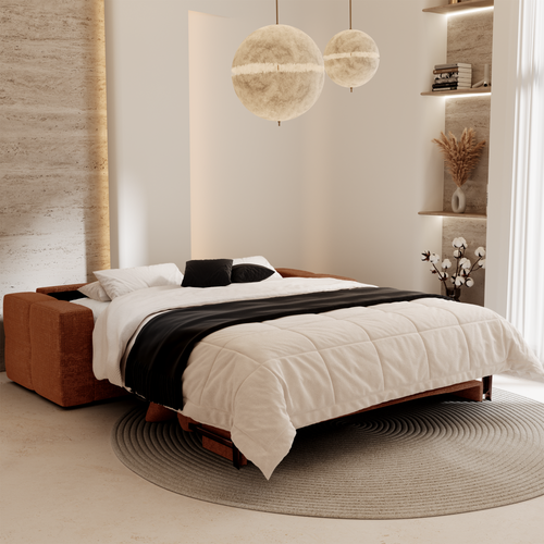 Premium Interiors - Snel uitklapbare slaapbank VIBE - gewaafd fluweel terracotta 226cm