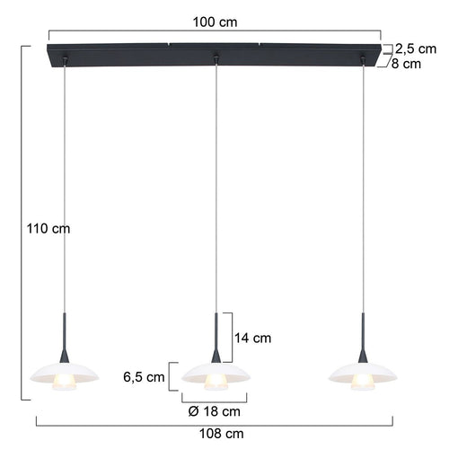 Steinhauer hanglamp tallerken - 3 lichts - 18x 160 cm - zwart