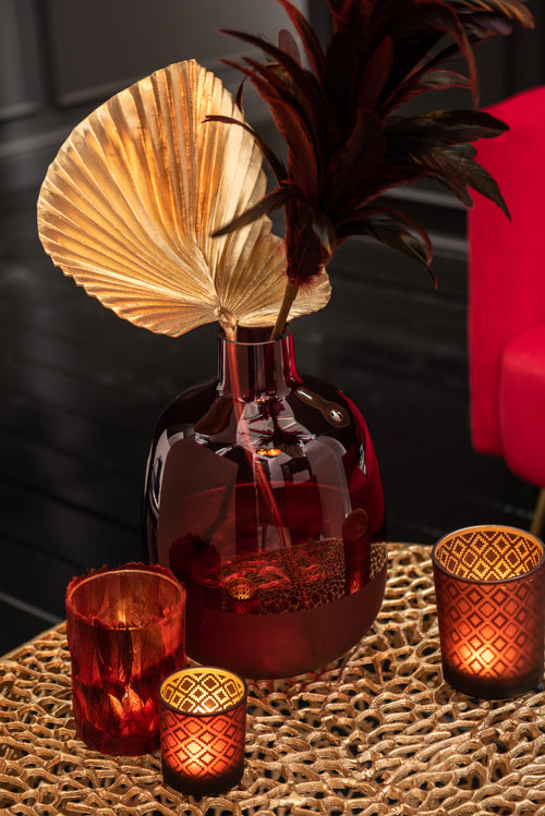 J-Line windlicht Veren - glas - bordeaux - small - 2 stuks