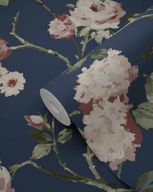 ESTAhome behang vintage bloemen donkerblauw en oudroze - 53 cm x 10.05 m - 139409