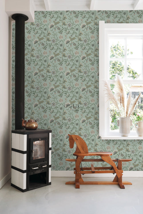 ESTAhome behang vintage bloemen celadon groen - 53 cm x 10.05 m - 139413