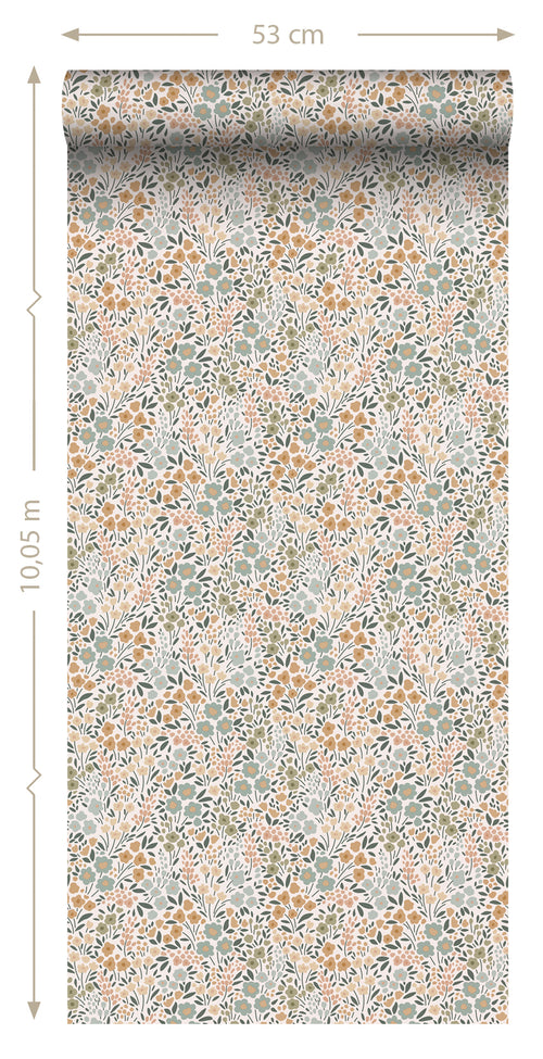 ESTAhome behang bloemetjes grijsblauw, terracotta roze en groen - 53 cm x 10.05 m - 139837 - vtwonen shop