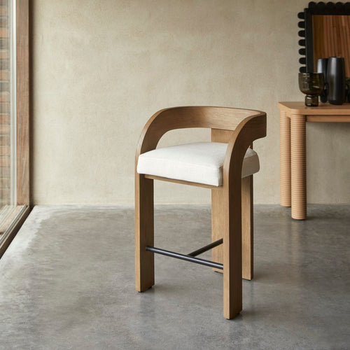 Tikamoon Barstoel in massief mindihout en ecru stof - Beige