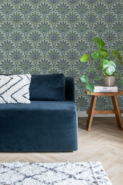 ESTAhome behang oosters barok motief blauw en groen - 50 x 900 cm - 131037