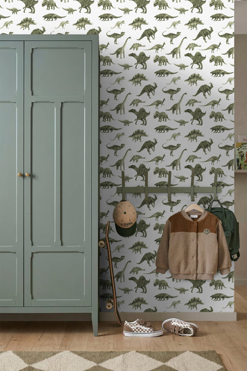 ESTAhome behang dinosaurussen donkergroen - 50 x 900 cm - 131200