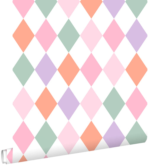 ESTAhome behang ruitjes lila paars, oranje en roze - 50 x 900 cm - 131765