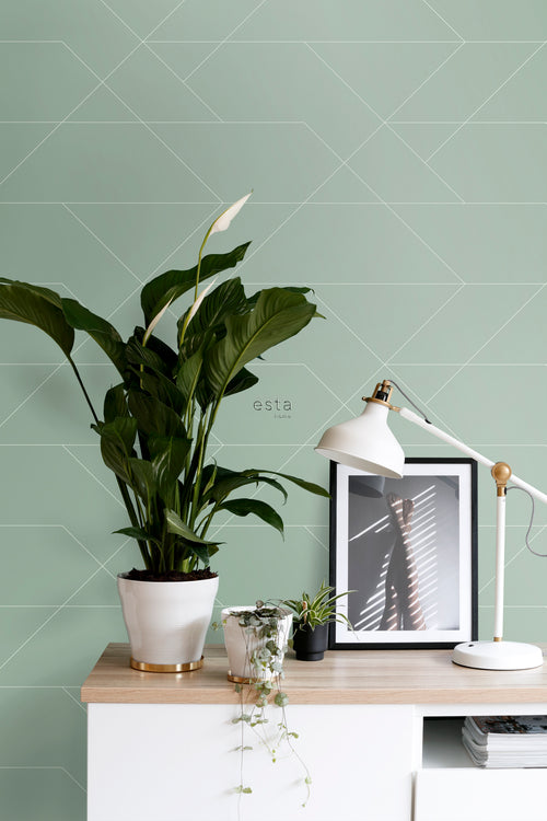 ESTAhome behang grafische lijnen vergrijsd mintgroen - 53 cm x 10.05 m - 139453