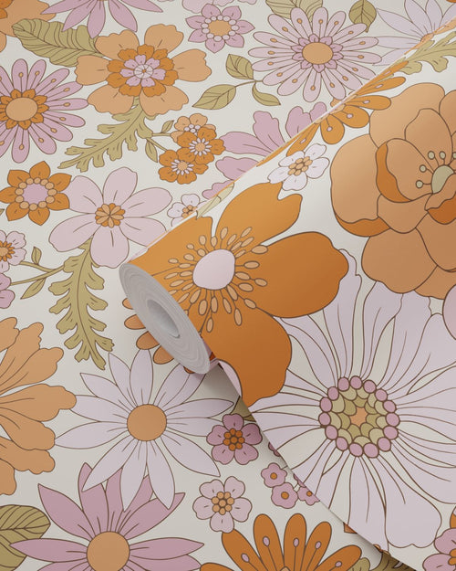 ESTAhome behang retro bloemen paars en oranje - 53 cm x 10.05 m - 130961