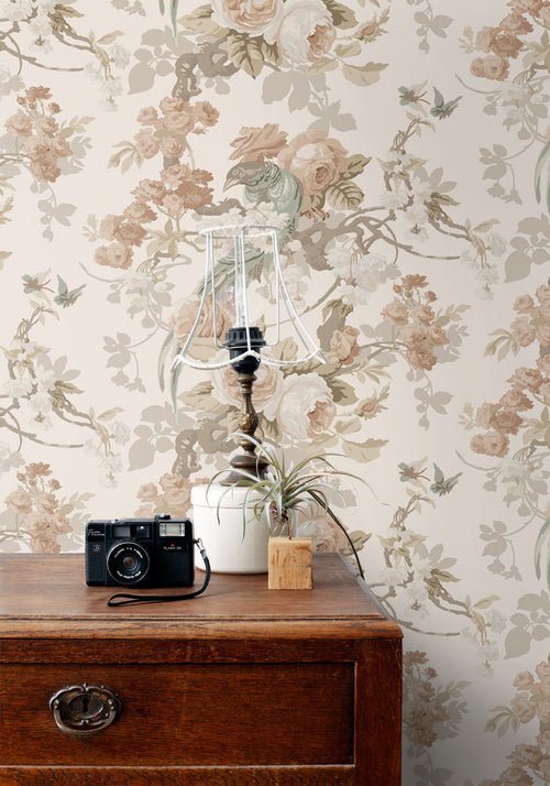 ESTAhome behang bloemen en vogels beige - 50 x 900 cm - 139807 - vtwonen shop