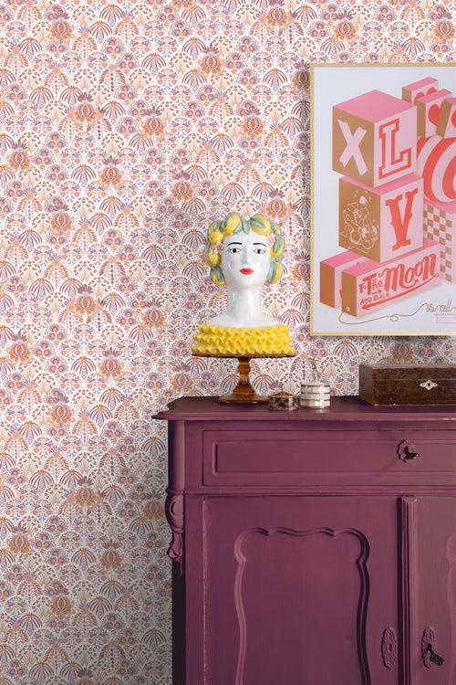 ESTAhome behang vintage bloemen in art nouveau stijl lila paars en oranje - 50 x 900 cm - 131510 - vtwonen shop